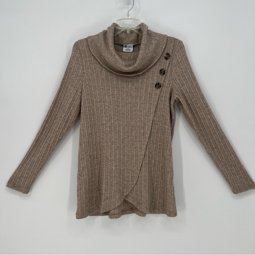 1775 Womens Top Beige Small Long Sleeve Cowl Neck Pullover Faux Wrap